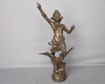 Sculpture Statue Spelter Woman Flying on Eagle Warrior Art deco Figurine 21.25" WOW