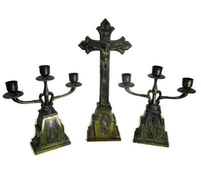 Altar Set Gorgeous Standing Crucifix with two Candelabras Ornate Embossed Brass