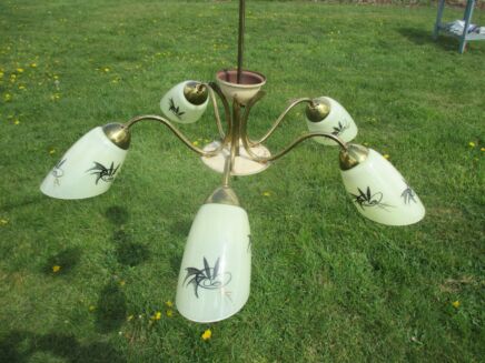ON HOLD Vintage Green Art Glass Abstract Design Chandelier Light Lamp Mid Century Modern