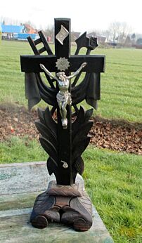 Vintage Carved Wood Jesus Christ Cross Table Standing Crucifix Tools of Passion