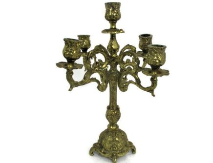 Gorgeous Brass Ornate Embossed Candle Holder Stick Candelabra 5 arm  Lovely Vintage Tuiip shape