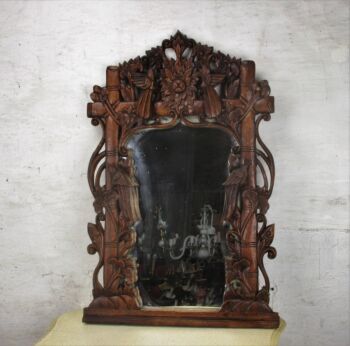 Antique Hand Carved Wood Ornate Wall Mirror Black Forest Style Birds Decoration
