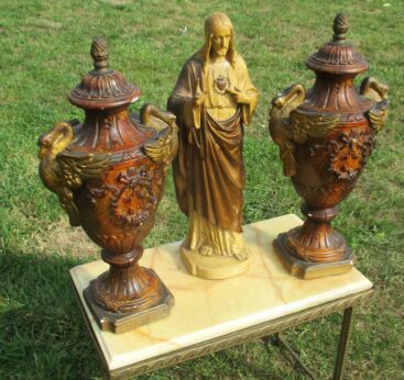 Antique 3 piece set Large Jesus Christ Plaster Statuette 2 Urns Swans Art Deco