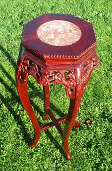 Vintage Carved Oriental Marble Top Chinese Plant Stand Round Asian Side Table