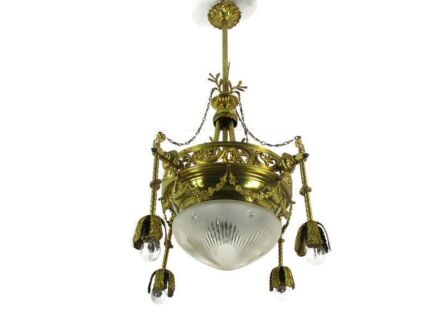 Art Nouveau Chandelier French Bronze Doré Etched Glass Ornate Gorgeous 5 Lights