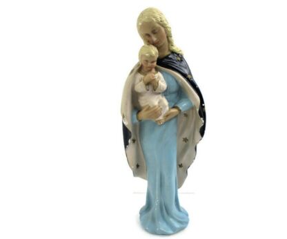 Art Deco Virgin Mary Madonna Infant Child Plaster Polychrome Tenderness Statue 16.92"