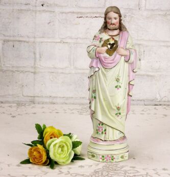 Gorgeous Small Vintage Holy Heart Jesus Christ Porcelain German Statue