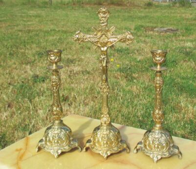 Vintage Ornamental Etched Brass Christ Cross Crucifix Candlesticks Memento Mori