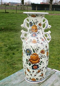 Large Delft Holland Polychrome Porcelain Vase Urn Marked Foo Dogs Floral design