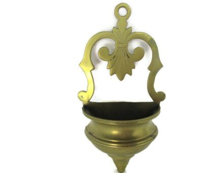 Vintage Brass Holy Water Font Vessel Religious Wall Hanging