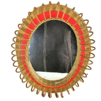 Vintage Oval Rattan Wicker Wall Hanging Mirror Rockabilly Italian Riviera Style