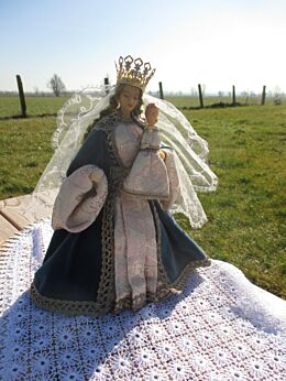 Vintage Madonna Virgin Mary Baby Jesus Light Blue Cape Velvet Crown wax
