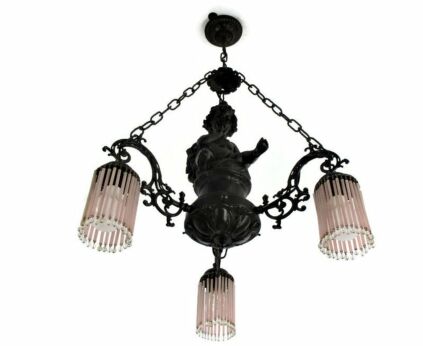 French Chandelier Angels Cherub Putti Black Resin 3 lights Lamps Prisms