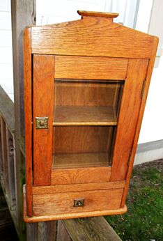 Vintage Oak Wood Display Medicine Cabinet Glass Apothecary
