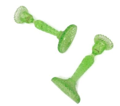 Green Depression Uranium Glass Couple Candle Holders Art Deco