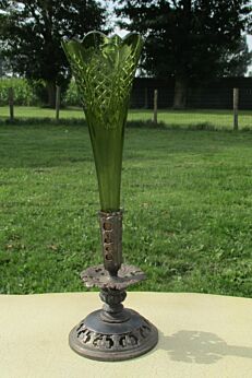 Large Antique Trumpet Vase Brass Epergne green Glass Loetz style Stunning