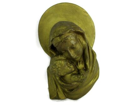 Wall Plaque Virgin Mary Madonna Holy Mother Infant Jesus Gold Resin