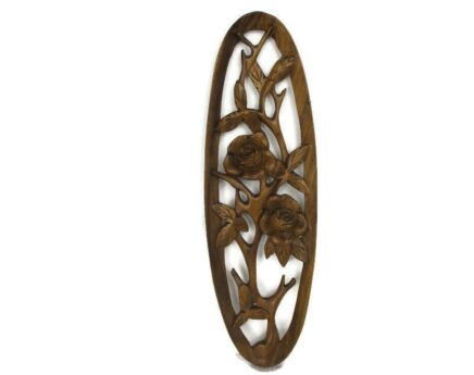 Hand Carved Wooden Wall Hanging Sculpture Folk Art Flowers Oval