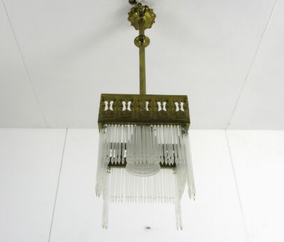Jugendstil Hall Lamp Chandelier Prisms Copper Glass Antique Hanging Light