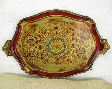 Mid Century Italy Hollywood Regency Florentine Wood Serving Tray Pink Gold Gilt
