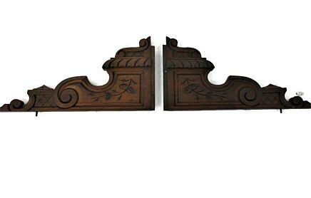 Pair French Corbels Hand Carved Wood Oak Pediment Ornate Finial Architectural Brackets Finials Lovely