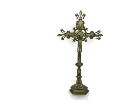 XL French Standing Altar Church Chapel Crucifix Cross Ornate Brass fleur de Lis