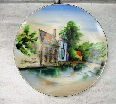 Decorative Plate marked EN Landscape Bridge Swann Wall Hanging Charger