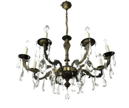 8 Arm Lights Chandelier Revival Hollywood Regency Style Brass Ornate Prisms