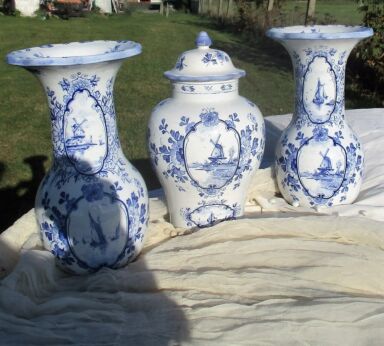 Antique Petrus Regout Delft Blue Garniture Set 2 Vases Matching Urn Windmill