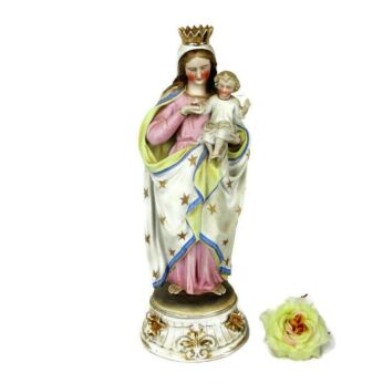 Antique Porcelain Bisque Statue Virgin Mary Our Lady Infant Child Gorgeous 15"
