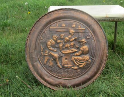 Large Vintage Red Copper Wall Plate Decorative Breughel Scene handmade 18.5"