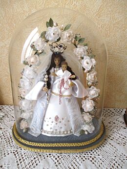 Vintage Madonna Virgin Mary Baby Jesus Wax Vintage Oval Globe Dome 14"