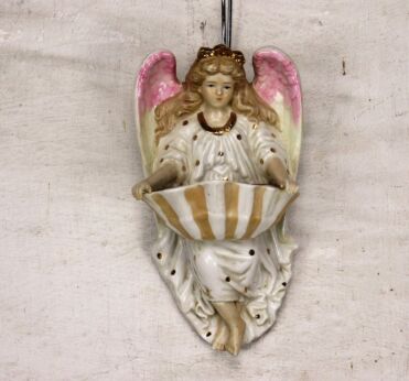 Antique French Holy Water Font Vessel Angel Porcelain Wall Hanging Collector 6"