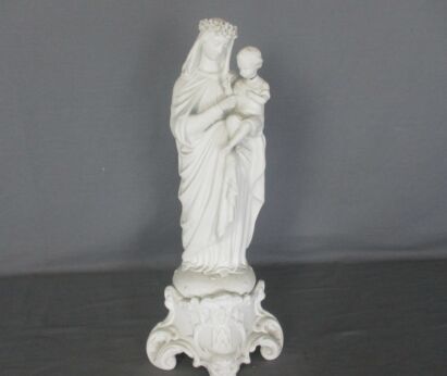 Large French Antique 1900 Bisque Statue Virgin Mary Our Lady with Infant Child Flower Wreath Garland 15.35"