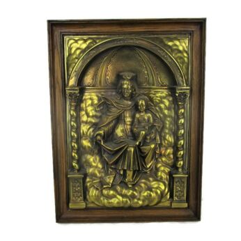 Wall Panel Bas Relief Tableaux Brass Wood Virgin Infant Child Sedes Sapientiae