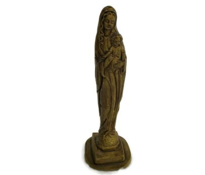 Brown Statue Virgin Mary Madonna Infant Jesus Child Plaster Vintage 8.85"