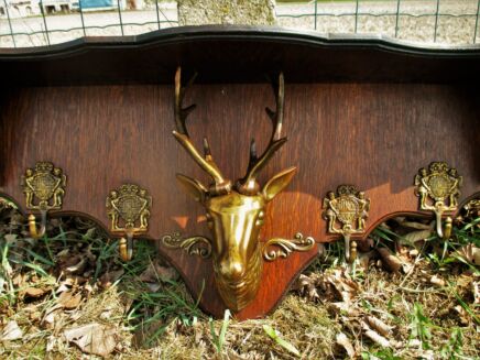 Vintage Gorgeous  Wooden Coat Hat Rack Brass Deer Head Hunter Style