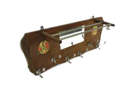 Retro Funky Industrial Railway Wood Wall Shelf Coat Hat Rack Teak Chrome Birds