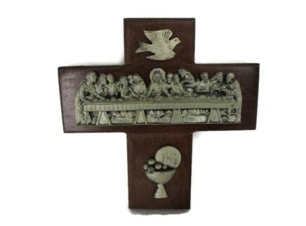 Vintage Wall Hanging Crucifix Cross Wood Spelter Trimming Last Supper Holy Spirit lovely Rare 6.69"