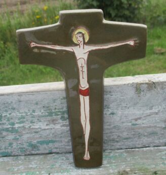 Mid Century Design Ceramic Modernist Crucifix Kaki era Perignem Amphora