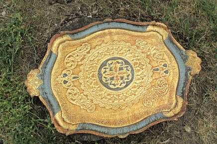 Italian Mid Century Hollywood Regency Florentine Serving Platter Tray gold blue