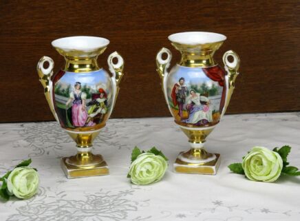 Couple Antique Vieux Paris Porcelain Vases French Landscape France