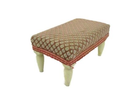 Small Vintage Footstool Ottoman White Wooden Legs Pink Fabric Barn country style