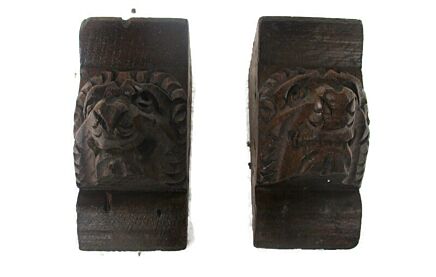 Antique Pair Corbels Hand Carved Wood Architectural reclaimed LIon Heads Trim