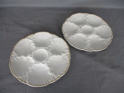 2 Oyster Plates Porcelaine de Baudour Cerabel White with Golden Rim Belgium