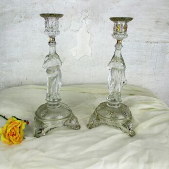 Couple Art glass Candle Holders Val St Lambert Holy Heart Virgin Mary Christ