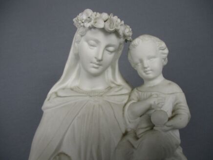 French Antique 1900 Bisque Statue Virgin Mary Our Lady Madonna Infant Jesus Garland Of Flowers Exquisite 16.73"