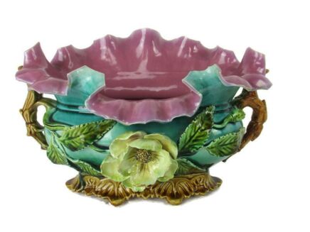 Antique French Barbotine Majolica Applied Roses Basket Centerpiece Planter Beautiful