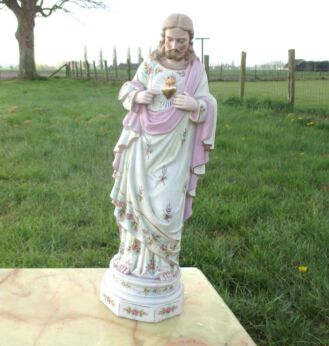 Belgian Antique Jesus Christ Porcelain Statuette Catholic Church 17.91"