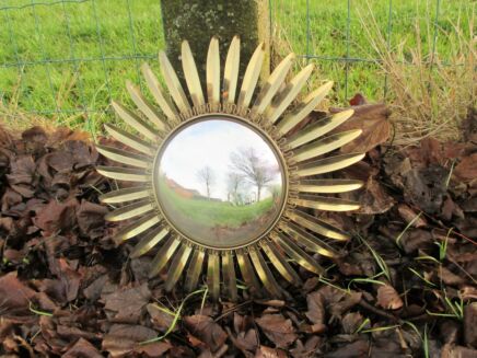 Beautiful French Sunburst Wall Hanging Convex Mirror Mid Century Brass
